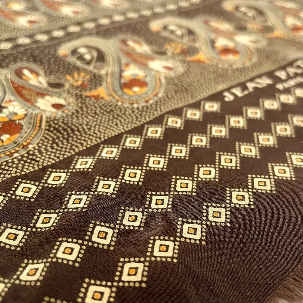 Jean Patou Paris Vintage Earth-Tone Paisley Long Rectangle Fringe Silk Scarf